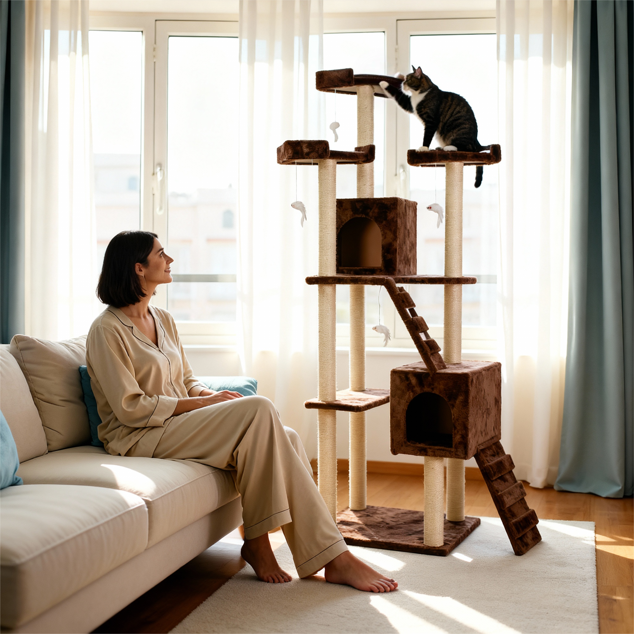 Woman sitting on a couch next to a cat tree with a cat on top in a bright room.