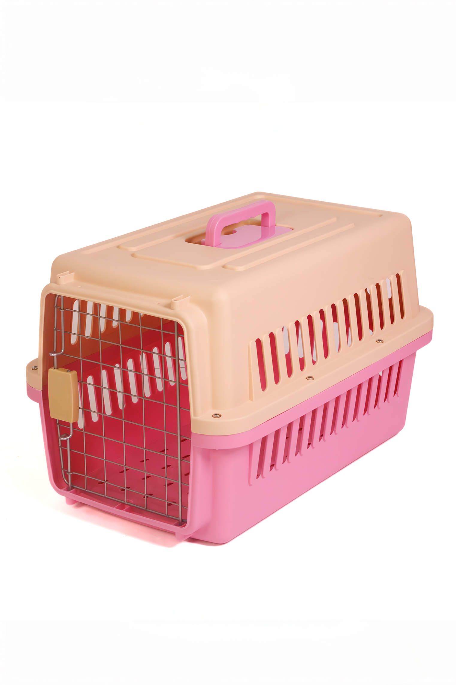 A medium-sized pink pet carrier designed for transporting cats, featuring a top handle and vented sides.