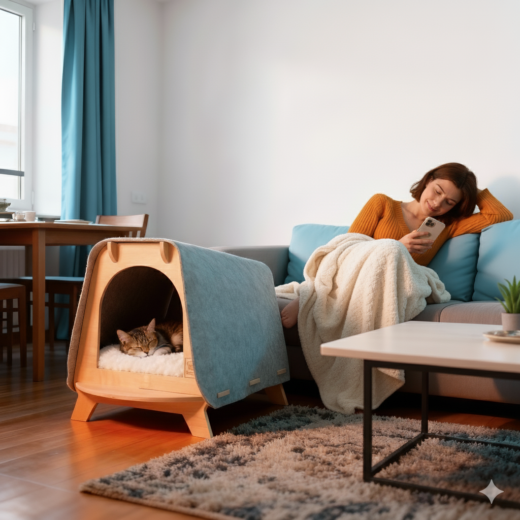 Woman sitting on a couch with a cat in a pet bed in a cozy living room.