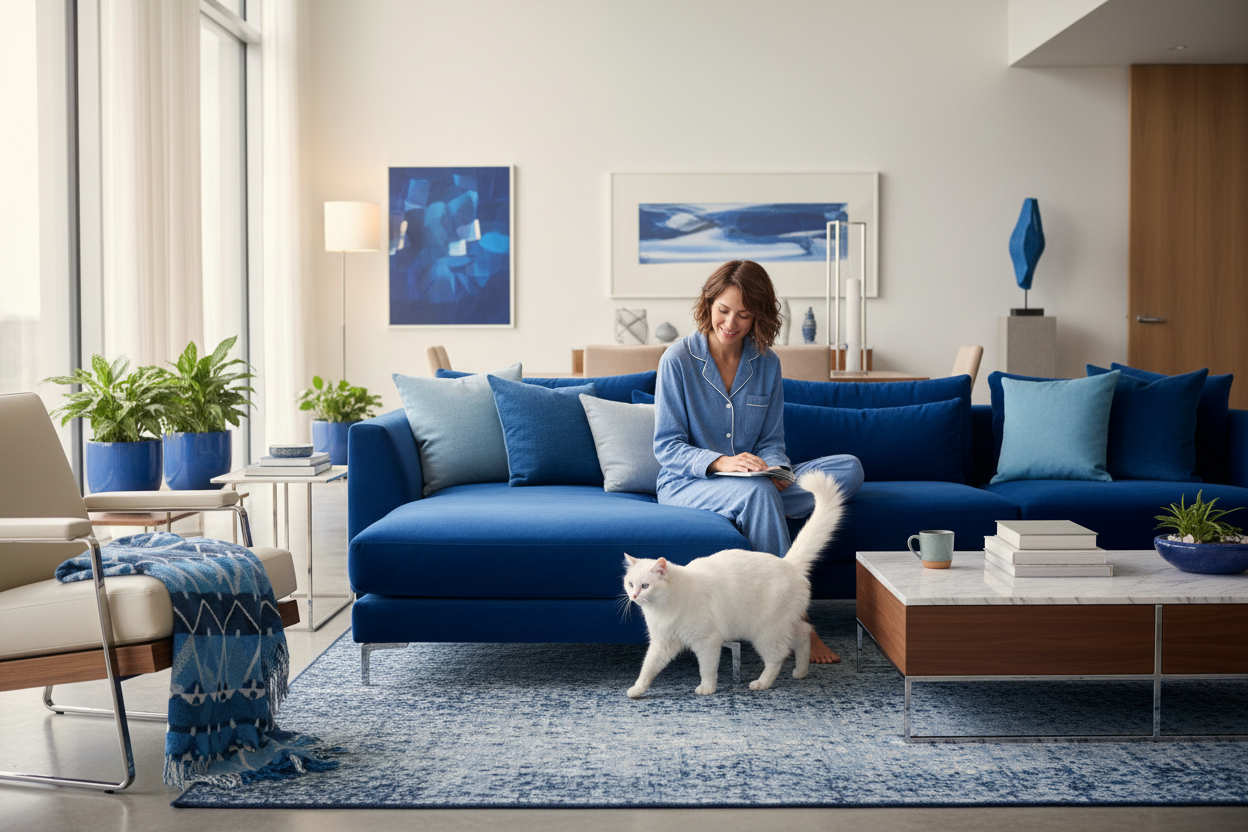 use some blue color and make the lady wearing a home pegama 